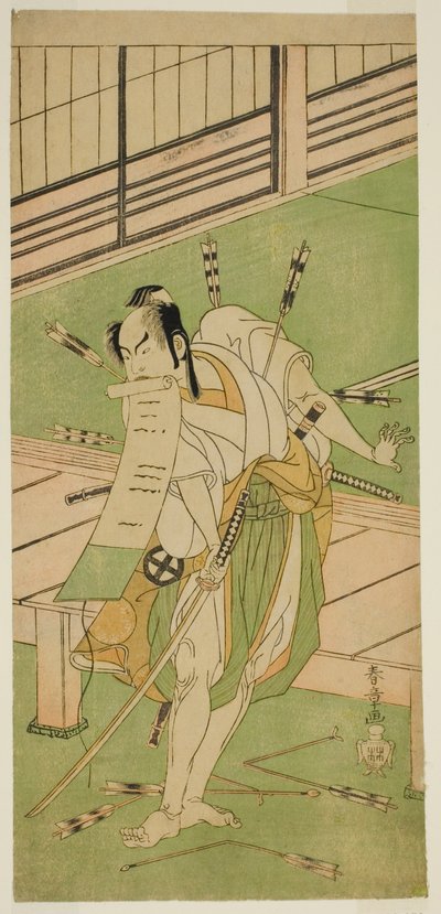 Der Schauspieler Otani Hiroji III als Weißer Fuchs verkleidet als Ukishima Daihachi im Stück Shinasadame Soma no Mombi, aufgeführt im Ichimura Theater im siebten Monat, 1770 von Katsukawa Shunsho
