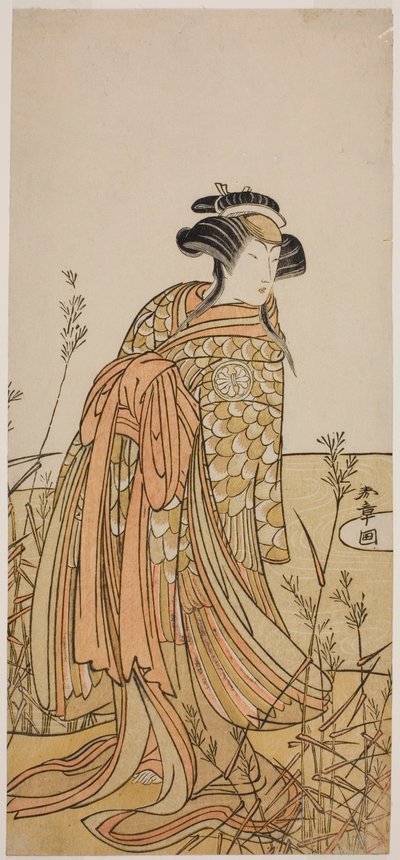 Der Schauspieler Segawa Kikunojo III als Geist einer Mandarinente (Oshidori) verkleidet als Tagasode, im Stück Hana-zumo Genji Hiiki, aufgeführt im Nakamura-Theater im elften Monat, 1775 von Katsukawa Shunsho