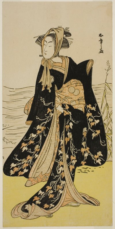 Der Schauspieler Segawa Kikunojo III als Straßenläuferin Otsuyu im Stück Cho Chidori Wakayagi Soga, aufgeführt im Ichimura-Theater im zweiten Monat, 1779 von Katsukawa Shunsho