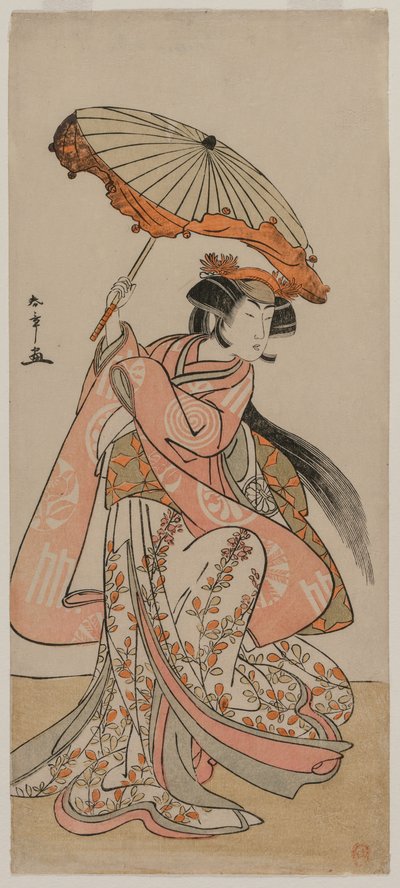 Der Schauspieler Segawa Kikunojo II tanzt mit einem Sonnenschirm, späte 1770er Jahre von Katsukawa Shunsho