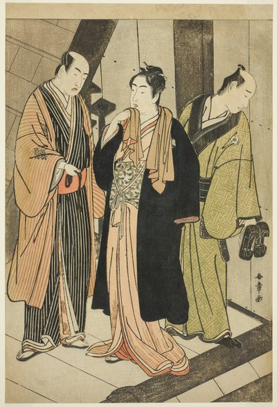 Die Schauspieler Ichikawa Monnosuke II (links), Iwai Hanshiro IV (Mitte) und Iwai Karumo (?) (rechts), auf einer Landung hinter der Bühne von Katsukawa Shunsho
