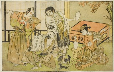 Die Schauspieler Iwai Hanshiro IV als Otatsu-gitsune, Nakamura Nakazo I als Raigo Ajari, Sakata Tojuro III als Kamada Gon-no-kami Masayori und Ichikawa Yaozo II als Sakon-gitsune (von rechts nach links), im Stück "Nue no Mori Ichiyo no Mato," aufgeführt im von Katsukawa Shunsho