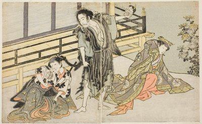 Die Schauspieler Nakamura Noshio I als Nyosan no Miya (rechts), Ichikawa Danjuro V als der abtrünnige Mönch Yochin (Mitte) und Yamashita Kinsaku II als das Dienstmädchen Mutsuhana (links), im Stück Fuki Kaete Tsuki mo Yoshiwara, aufgeführt im Morita-Theate von Katsukawa Shunsho