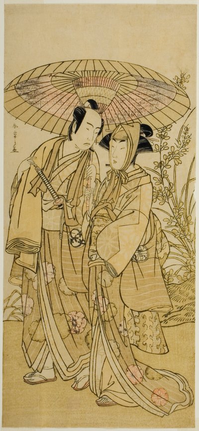 Die Schauspieler Segawa Kikunojo III (rechts) als Ochiyo und Bando Mitsugoro I (links) als Gemüsehändler Hambei im Stück Kabuki no Hana Bandai Soga, aufgeführt im Ichimura Theater im vierten Monat, 1781 von Katsukawa Shunsho