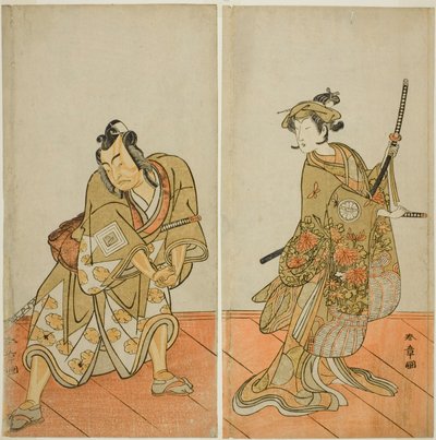 Die Schauspieler Segawa Kikunojo III als Aigo no Waka (rechts) und Ichikawa Yaozo II als Hachio-maru Aratora (links) im Stück Chigo Sakura Jusan Kane, aufgeführt im Ichimura-Theater im elften Monat, 1774 von Katsukawa Shunsho