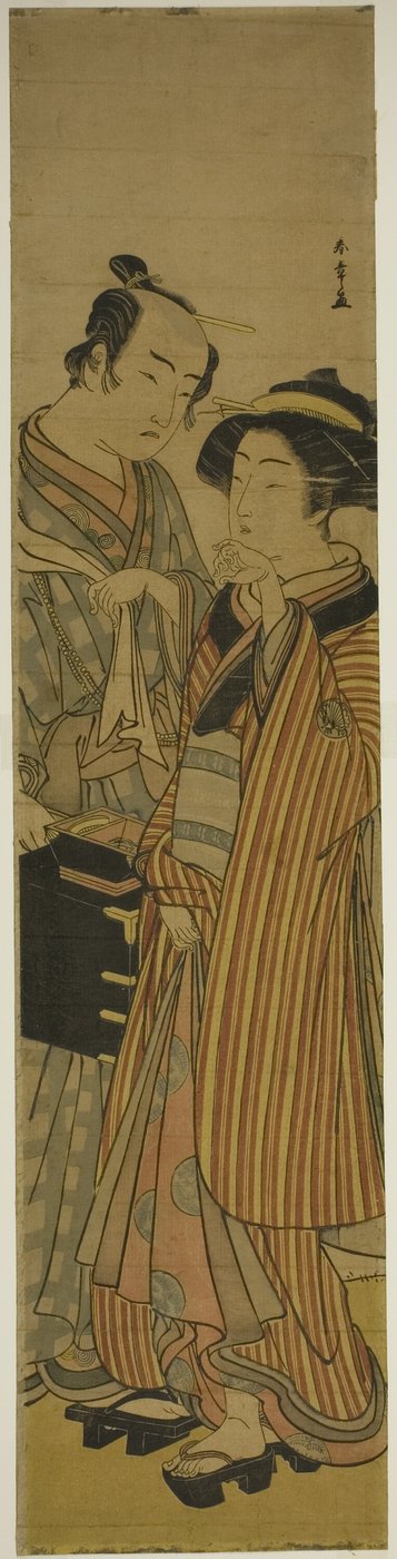 Die Schauspieler Segawa Kikunojo III als Okoma (rechts) und Arashi Sangoro III als Friseur Obana Saizaburo (links), im Stück Koi Musume Mukashi Hachijo, aufgeführt im Nakamura-Theater im dritten Monat, 1776 von Katsukawa Shunsho