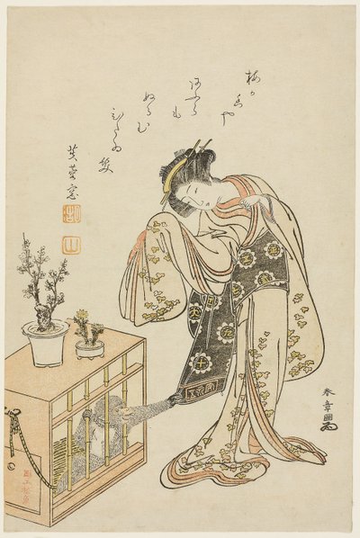 Junge Frau mit einem eingesperrten Affen (Kalenderdruck für Neujahr 1776) von Katsukawa Shunsho