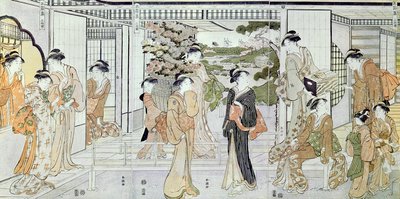 Junge Frauen mit einem Korb Chrysanthemen von Katsukawa Shunsho