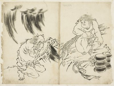 Personifikation des Sturms mit Kintaro und weinendem Oni von Katsushika (school of) Hokusai