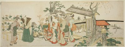 Eine Gruppe junger Frauen betritt den Garten eines Gärtners von Katsushika Hokusai