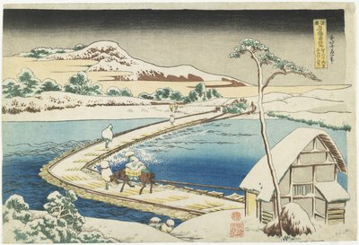 Eine alte Ansicht der Pontonbrücke in Sano, Provinz Ko_zuke, 1833-1834 von Katsushika Hokusai