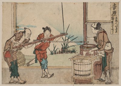 Ein älterer Mann und zwei junge Lehrlinge bedienen manuell ein Rührgerät, Yoshiwara von Katsushika Hokusai