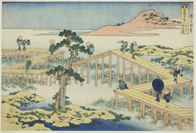 Alte Ansicht der Acht-Planken-Brücke in der Provinz Mikawa (Mikawa no Yatsuhashi no kozu), aus der Serie "Ungewöhnliche Ansichten berühmter Brücken in verschiedenen Provinzen (Shokoku meikyo kiran)" von Katsushika Hokusai