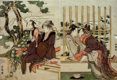 Azuma und Yogoro im Altschnee. Koman und Yosaku im Abendrot von Katsushika Hokusai
