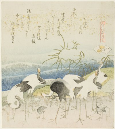 Kraniche am Ufer, Illustration für Die Beinmuschel (Ashigai), aus der Serie „Ein Zuordnungsspiel mit Gedichtmuscheln aus der Genroku-Zeit (Genroku kasen kai awase)“ von Katsushika Hokusai