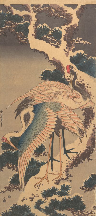 Kraniche auf einem Ast einer schneebedeckten Kiefer, späte 1820er von Katsushika Hokusai