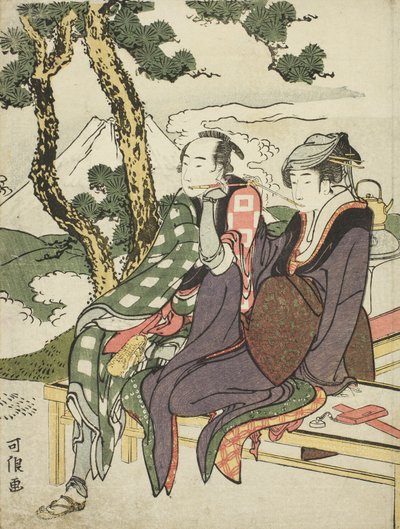 Abendglühen für Date no Yosaku und Seki no Koman, aus der unbetitelten Serie bekannt als Acht Ansichten tragischer Liebender von Katsushika Hokusai