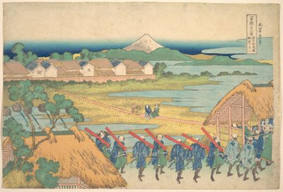 Fujisan in der Ferne vom Vergnügungsviertel Senju aus gesehen, aus der Serie Sechsunddreißig Ansichten des Berges Fuji von Katsushika Hokusai