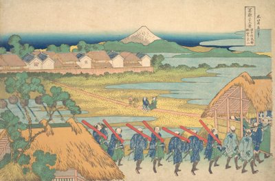 Fuji in der Ferne vom Vergnügungsviertel Senju aus gesehen, ca. 1830-32 von Katsushika Hokusai