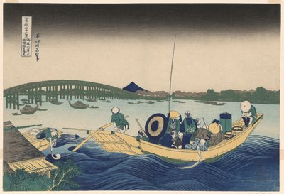 Fuji von Ommayagashi mit Dämmerung über der Ryogoku-Brücke (Ommayagashi yori ryogokubashi sekiyo o miru), aus der Serie "Sechsunddreißig Ansichten des Berges Fuji (Fugaku sanjurokkei)" von Katsushika Hokusai