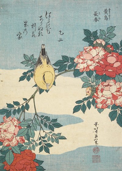 Japanische Nachtigall und Rosenstrauß, ca. 1832 von Katsushika Hokusai