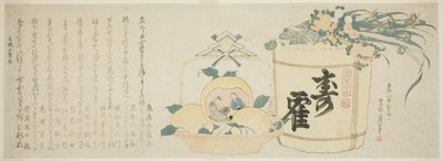 Fass Sake und Korb mit Orangen von Katsushika Hokusai
