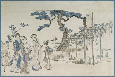 Damen besuchen die Glyziniengärten in Kameido von Katsushika Hokusai
