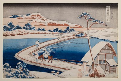 Alte Ansicht der Pontonbrücke bei Sano in der Provinz Kōzuke, aus der Serie „Bemerkenswerte Ansichten von Brücken in verschiedenen Provinzen“ von Katsushika Hokusai