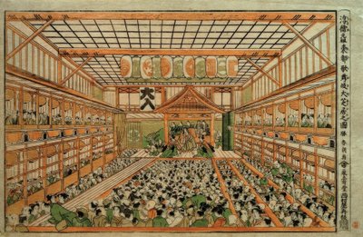 Original-Perspektivbild des Großen Kabuki-Theaters in Edo von Katsushika Hokusai