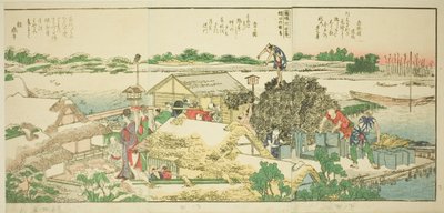 Seiten aus dem illustrierten Buch "Panoramablicke entlang der Ufer des Sumida-Flusses" von Katsushika Hokusai