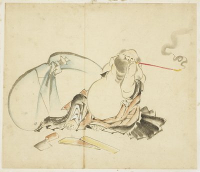 Sitzender Hotei, der eine Pfeife raucht von Katsushika Hokusai