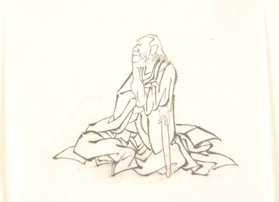 Sitzender alter Mann, der sich auf einen Stock stützt von Katsushika Hokusai