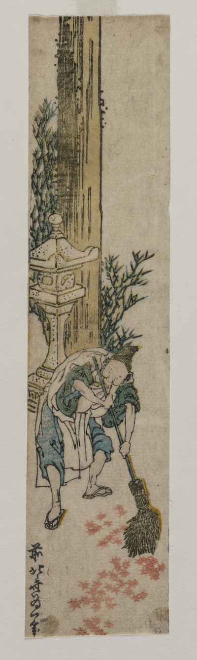 Schrein-Begleiter, der Ahornblätter harkt, um 1830 oder frühe 1830er von Katsushika Hokusai