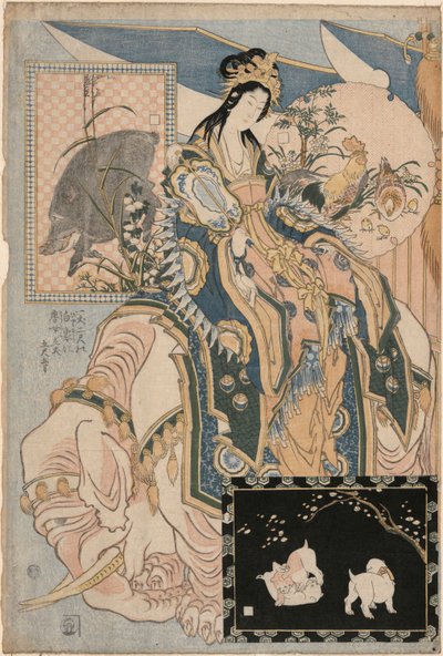 Tang-Dame auf einem weißen Elefanten, aus einer Werbeserie für Giant Straw Works in einer Jahrmarktsattraktion von Katsushika Hokusai