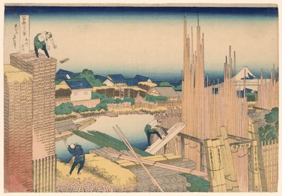 Tatekawa-Flussholzlager in Honjo (Honjo Tatekawa), aus der Serie "Sechsunddreißig Ansichten des Berges Fuji (Fugaku sanjurokkei)" von Katsushika Hokusai