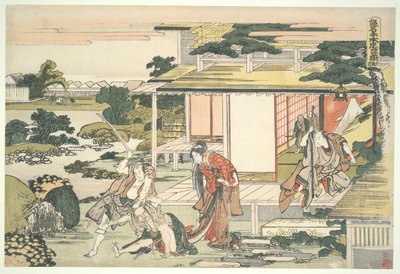 Die loyale Liga der siebenundvierzig Rōnin (Chūshingura), Akt VII: Teestubenszene. Ichiriki Heiyemon zieht den Spion Kudayō heraus von Katsushika Hokusai