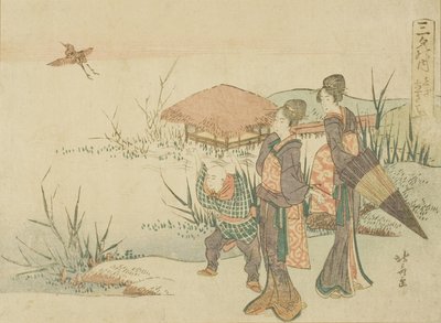 Das Moor, wo die Schnepfe fliegt (Shigi tatsu sawa), aus der Serie "Drei Abendgedichte (Sanseki no uchi)" von Katsushika Hokusai