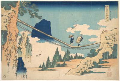 Die Hängebrücke an der Grenze der Provinzen Hida und Etchū, aus der Serie Bemerkenswerte Ansichten von Brücken in verschiedenen Provinzen von Katsushika Hokusai