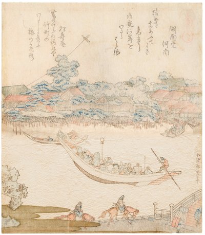 Die Ufer des Sumida-Flusses, Komatomeishi. Triptychon aus der Serie Umazukushi, Mittelteil, 1822 von Katsushika Hokusai