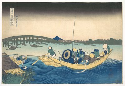 Sonnenuntergang über der Ryōgoku-Brücke vom Onmaya-Damm aus betrachtet, aus der Serie Sechsunddreißig Ansichten des Berges Fuji von Katsushika Hokusai