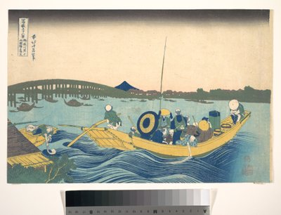 Sonnenuntergang über der Ryōgoku-Brücke vom Onmaya-Damm aus gesehen, aus der Serie Sechsunddreißig Ansichten des Berges Fuji von Katsushika Hokusai