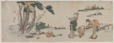 Frauen lenken ein Kind ab, dessen Drachen in einem Baum festhängt, ca. 1800 von Katsushika Hokusai