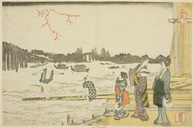 Frauen und Kinder, die das Feuerwerk betrachten von Katsushika Hokusai