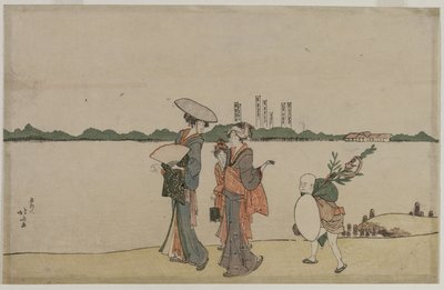 Frauen und Kinder spazieren entlang des Sumida-Flusses, frühes 19. Jahrhundert von Katsushika Hokusai