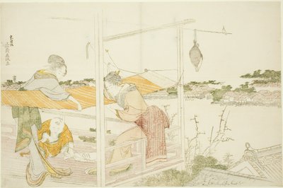 Frauen auf einer Veranda, die Stoff zum Trocknen spannen von Katsushika Hokusai