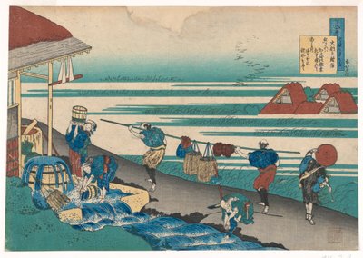 Arbeiter am Meer, die Stoff färben, aus Hyakunin, Hundert Gedichte erklärt von der Amme von Katsushika Hokusai