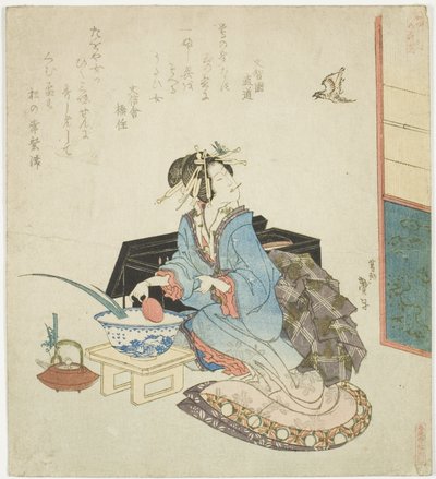 Geisha, die zu einem Kuckuck aufschaut, aus der Serie "Fünf Jahresfeste für den Katsushika-Kreis (Katsushika gosekku)" von Katsushika Taito II