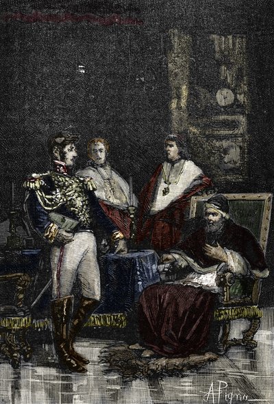 General Cervoni forderte Papst Pius VI. 1798 auf, seine weltliche Souveränität abzudanken. 1882 (Gravur) von Alec Hunter