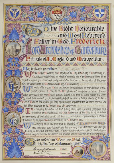 Schriftliche Begrüßungsadresse an Erzbischof Frederick Temple von Alec Hunter