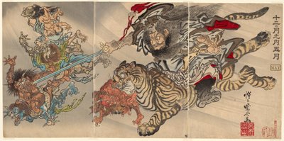 Mai: Shoki der Dämonenbezwinger reitet auf einem Tiger und unterwirft Kobolde, aus der Serie "Von den zwölf Monaten: der fünfte (Junikagetsu no uchi: gogatsu)" von Kawanabe Kyosai